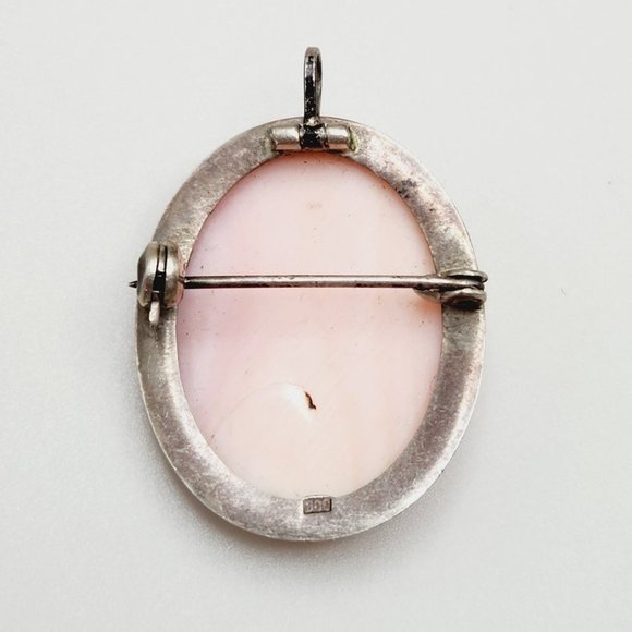 Antique Pink Shell Carved Cameo Gold and 900 Silver Oval Brooch Pendant - Picture 5 of 10